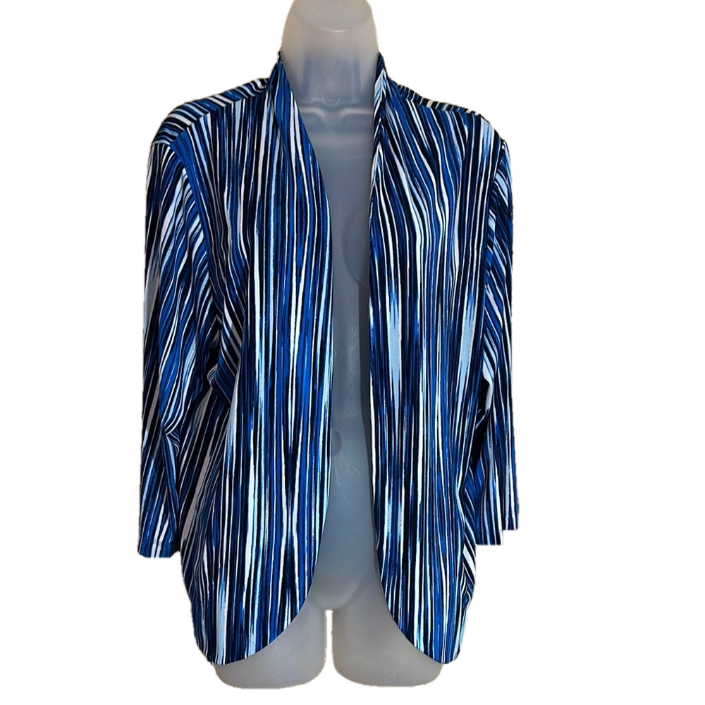 Easywear Chico's Blue White Striped Open Front Cardigan Blazer 3/4 Sleeves Large